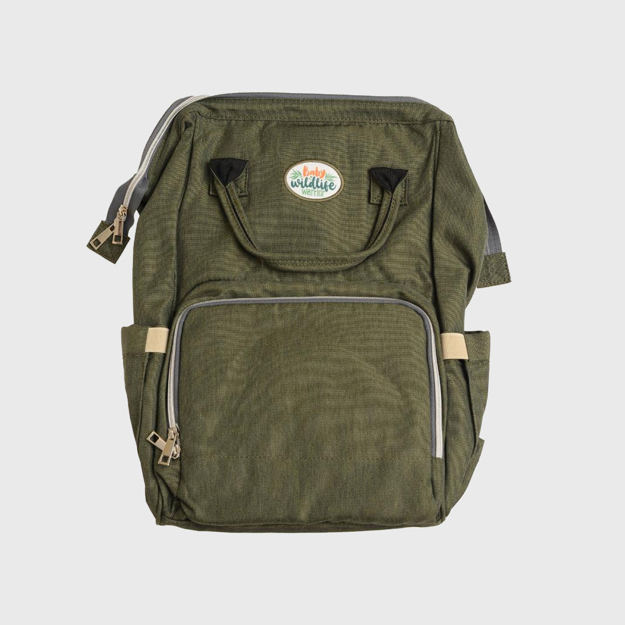 Australia Zoo green backpack with a visible brand logo on a light gray background