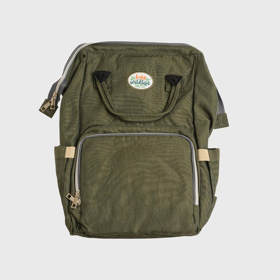 Australia Zoo green backpack with a visible brand logo on a light gray background