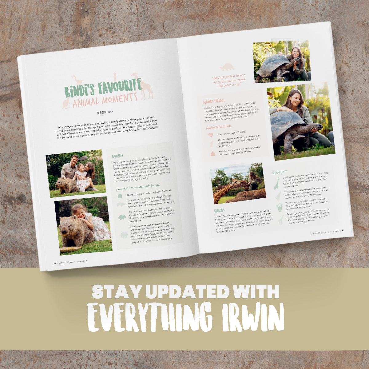 Open book with photos of people and animals on a textured surface, featuring text 'Bindi's Favourite Animal Moments'.