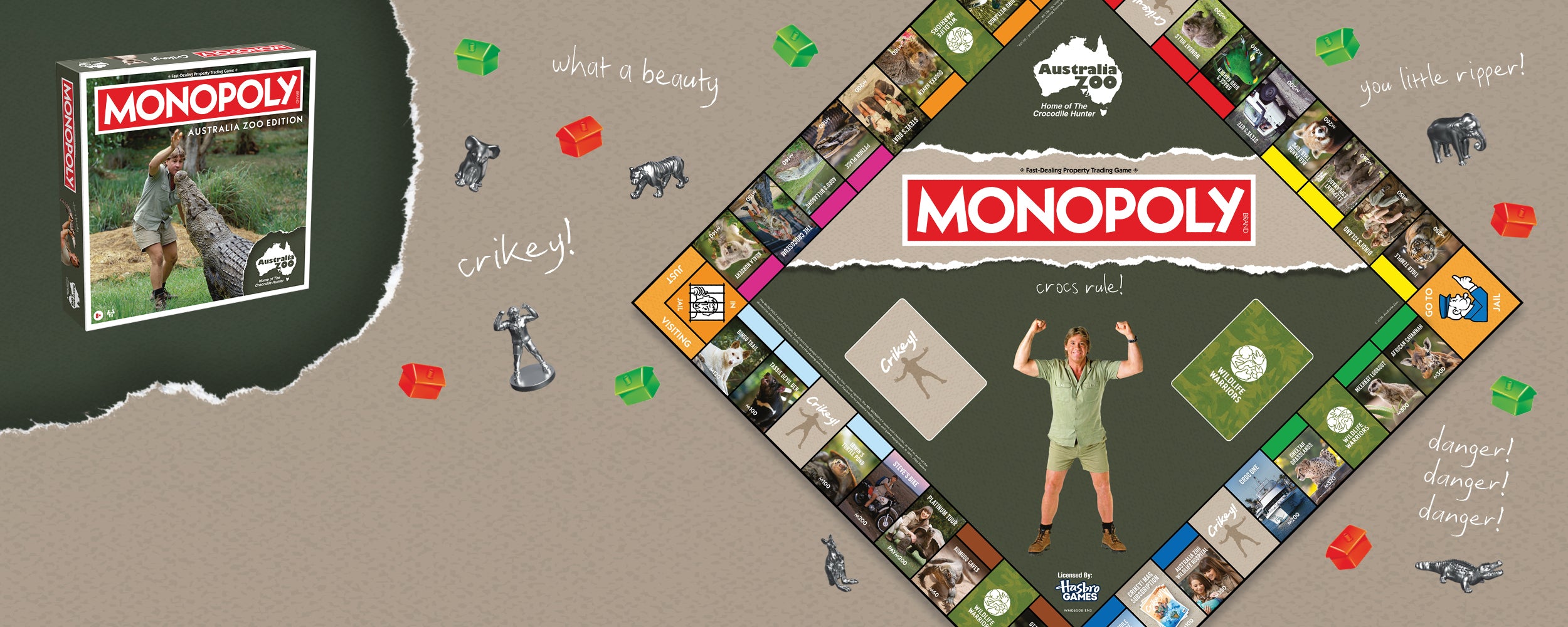 Australia Zoo Monopoly game board with packaging on a beige background