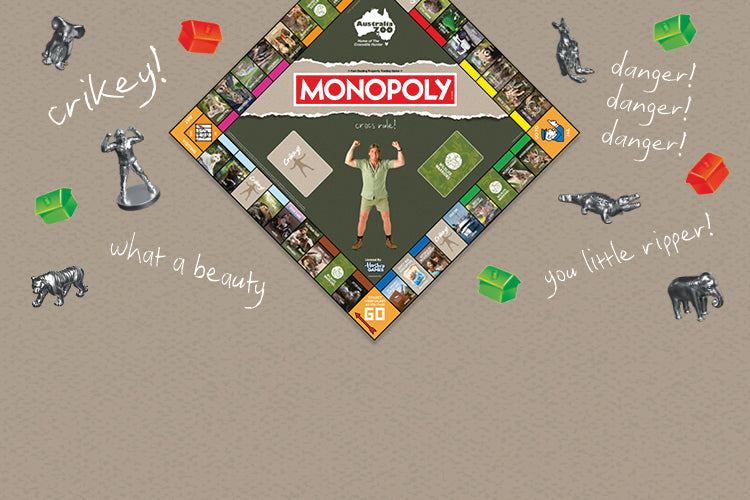 Australia Zoo Monopoly board game with game pieces and text on a beige background